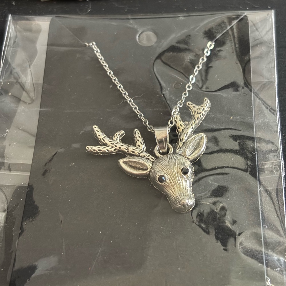 Silver Deer Head Pendant Necklace - Silver